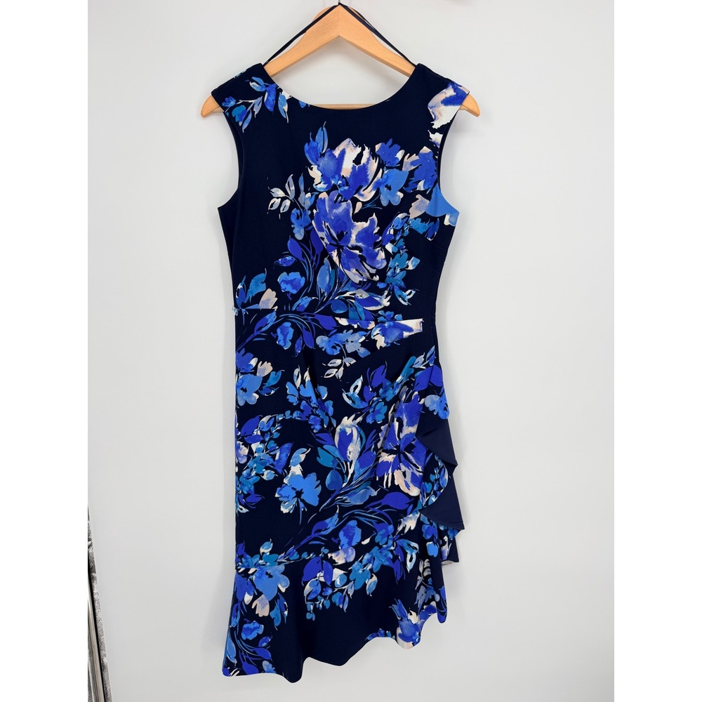 Eliza J Sheath‎ Dress 6 Blue Floral Ruffle Asymmetric Hem Wedding Guest Cocktail